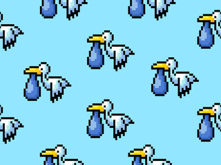 Bird cartoon character seamless pattern on blue background.Pixel style