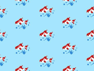 Fish cartoon character seamless pattern on blue background.Pixel style