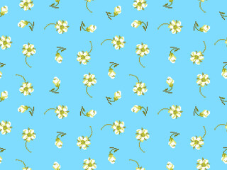 Flower cartoon character seamless pattern on blue background.Pixel style