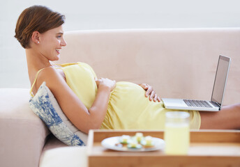 In good spirits. A smiling pregnant woman lying on the couch using a laptop with a healthy meal beside her.