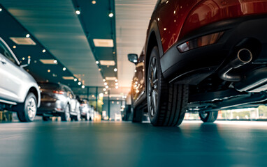 Rearview car parked in luxury showroom. Car dealership office. New car parked in modern showroom....