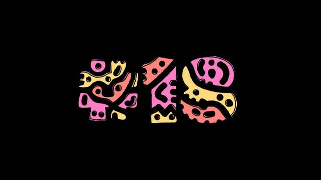 Hashtag #18. Doodle pattern on letter, 3 color, black outline. Cartoon Animation. Alpha channel, transparent background. Hashtag #18 for or birthday, majority, age, social networks, software interface