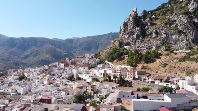 Albanchez de M&aacute;gina at Sierra M&aacute;gina Natural Park, Jaen, Andalusia, Spain - Aerial Drone View of the Old Castle and White Village