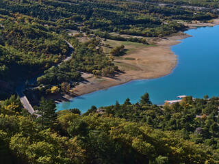Aerial high angle view of the east of reservoir Lake of Sainte-Croix at the entrance of Verdon...