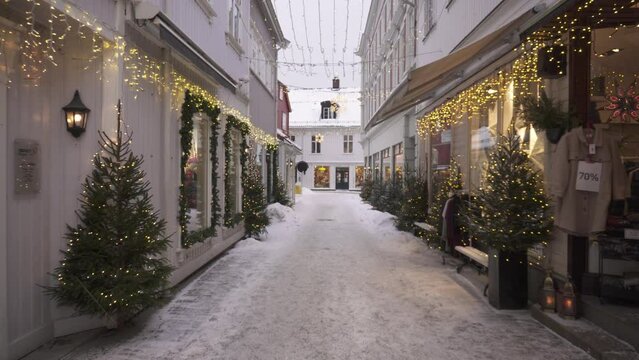 Enchanting Winter Decorations In Outlet Stores In Kragero, Norway - medium shot