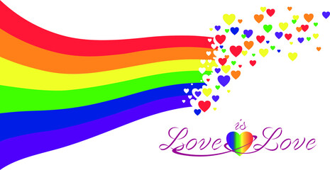 Love is Love Text and a heart. 3D abstract Wave rainbow LGBT spectrum flag with hearts background. Paper cut design. Waves of rainbow colors web banner template. Pride Month vector illustration