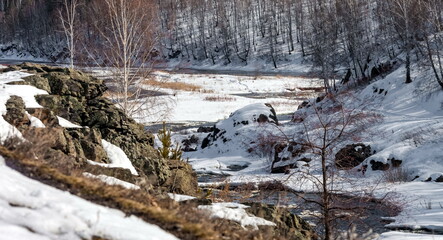 Fast river, rocks, ice, snow, trees, shrubs, dry grass in spring