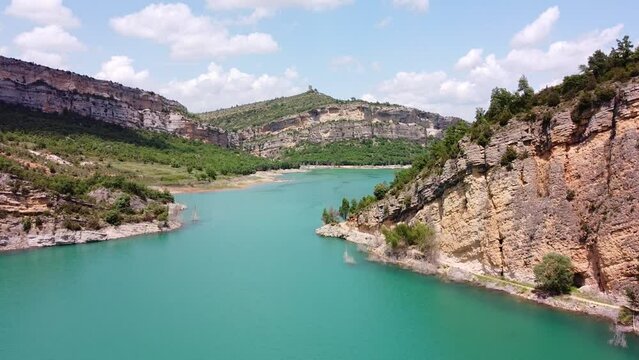 Congost de Mont Rebei Canyon at Ager, Catalonia and Aragon, Spain - Aerial Drone View of the Blue Emerald Noguera Ribagorzana River