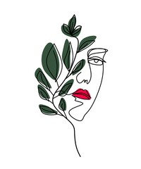 one line abstract Art of female face and leaves, on a white background and elegant colors great for posters, decorations and wallpapers