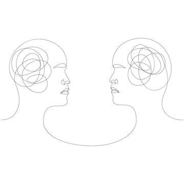Confused thoughts concept. Two people with a conditional image of the brain in the form of a tangled ball. Vector illustration.