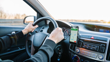 Gps device map system. Global positioning system on smartphone screen in auto car on travel road. GPS vehicle navigator driver device.