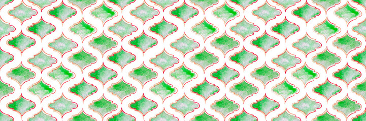 Quatrefoil Seamless Pattern for Header. Green and Teal Damask Print. Rhombus Majolica Background. Barbed Watercolour Trellis. Geometric Morrocan Tile. Lattice Marrakesh Watercolor Header. © Vialeta