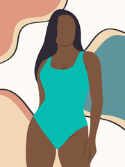 Poster with a beautiful female silhouette in a bodysuit. Portrait of a curvy woman in a swimsuit.