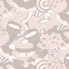 Vector parrent with cup, cake, lollipop, croissant, cookie and donut, flat brown design