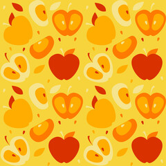 Vector illustration is a seamless pattern with pieces of ripe apples on a bright yellow background. Concept packaging paper for products