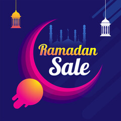 Fototapeta na wymiar Ramadan Sale Poster Design With Pink Crescent Moon, Lanterns Hang On Blue Silhouette Mosque Background.