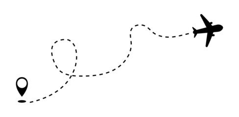 Plane with path line Vector illustration. Plane flight route.