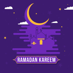 Ramadan Kareem Celebration Concept With Crescent Moon, Stars, Mosque On Purple Irregular Rounded Lines Background.