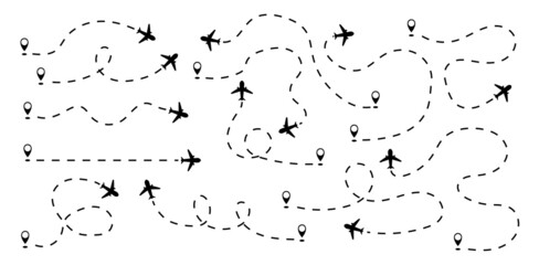 Plane with path line set Vector illustration. Plane flight route.
