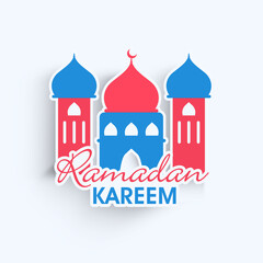 Sticker Style Ramadan Kareem Font With Mosque On White Background.