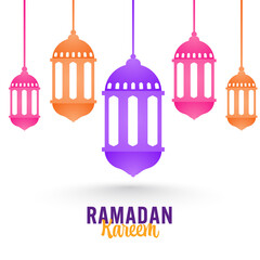 Ramadan Kareem Greeting Card With Hanging Colorful Arabic Lanterns Decorated On White Background.