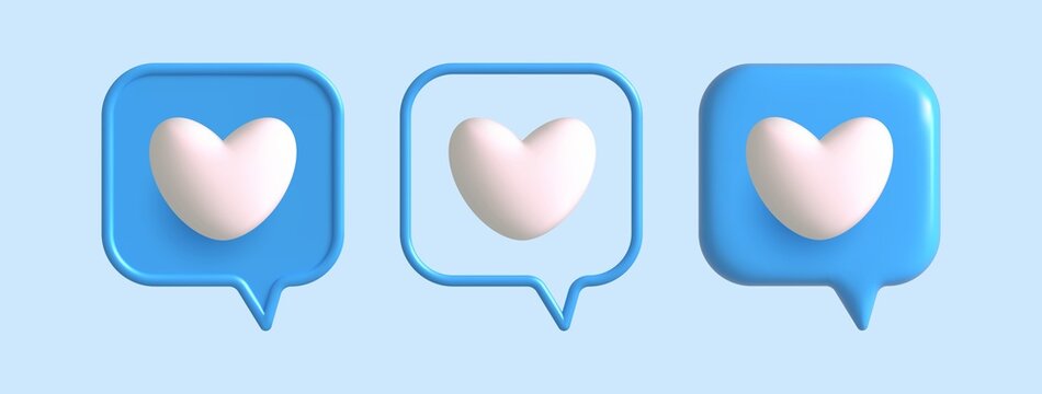 3d like heart icon in blue speech bubble. Social media icons different shapes .Message love box,follow, button, like favorite element . Vector realistic illustration