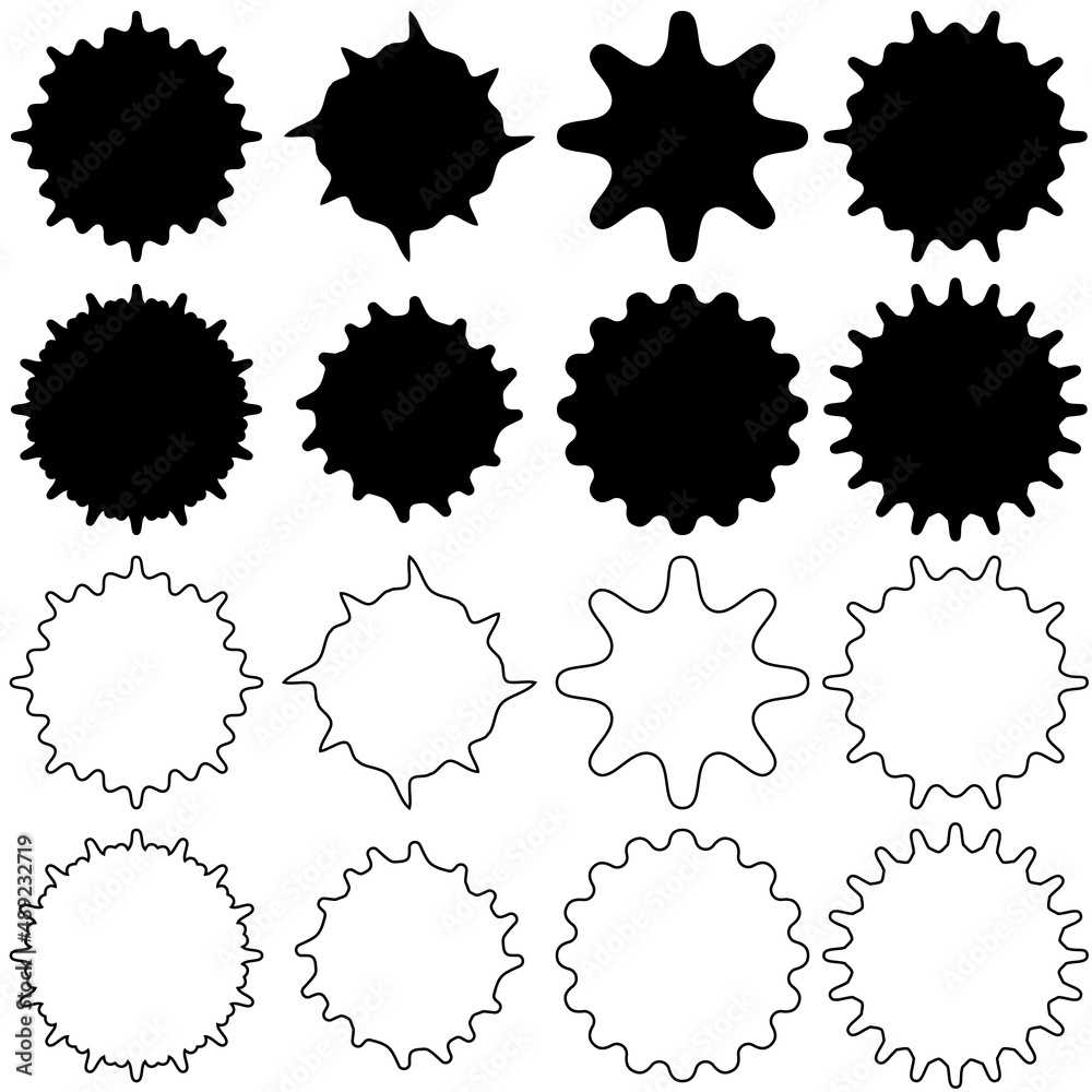 Poster a set of various shapes of blots. a selection of shapeless black spots.