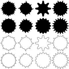 A set of various shapes of blots. A selection of shapeless black spots.