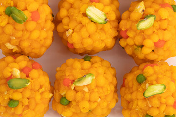 Jodhpuri Bundi Laddu Also Called Tiranga Boondi Ladoo Mithai Is Made Of Besan Sooji Suji Desi Ghee Is Enjoyed On Deepawali, Dussehra, Rakshabandhan, Rakhi, Vinayaka Ganesh Chaturthi and Janmasthami