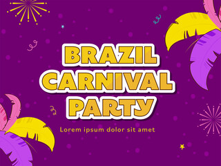 Sticker Style Brazil Carnival Party Font With Feathers And Fireworks On Purple Background.