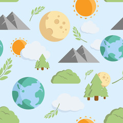 Seamless Pattern Environment of Earth Moon Mount Tree Cloud and Leaf in Vector for Background and Print
