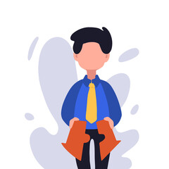 Business concept flat style isolated of businessman put arrows together. Cooperation, support, merger, acquisition. Young worker unite puzzle parts of arrow icon. Graphic design vector illustration