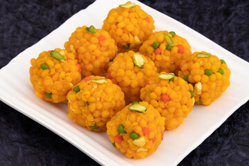 Jodhpuri Bundi Laddu Also Called Tiranga Boondi Ladoo Mithai Is Made Of Besan Sooji Suji Desi Ghee Is Enjoyed On Deepawali, Dussehra, Rakshabandhan, Rakhi, Vinayaka Ganesh Chaturthi and Janmasthami