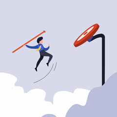 Business concept flat style isolated of businessman jumps throwing spear arrow to target. Business breakthrough success concept. Man throwing arrow to target board. Graphic design vector illustration