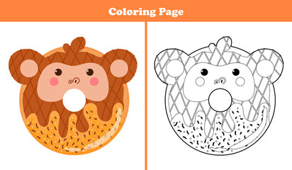 Printable coloring page for kids with sweet monkey shape donut with icing and chocolate in cartoon style, game for children books