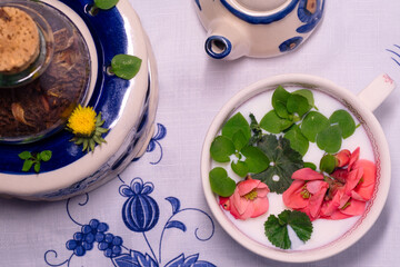 Spring and snow concept still life - fresh garden flowers and leaves in a porcelain pot with milk