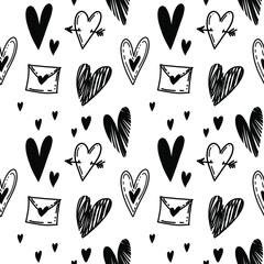 Seamless pattern with hearts and envelopes. Vector background in doodle style. Designed for Valentine’s Day and wedding prints or wallpapers 