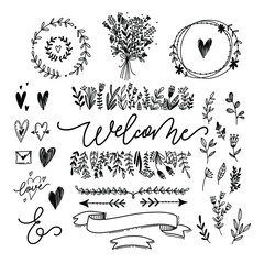 Vector set of floral elements. Illustration of flowers, leaves, arrows, frames, hearts, lettering. design elements for weddings or any events. 