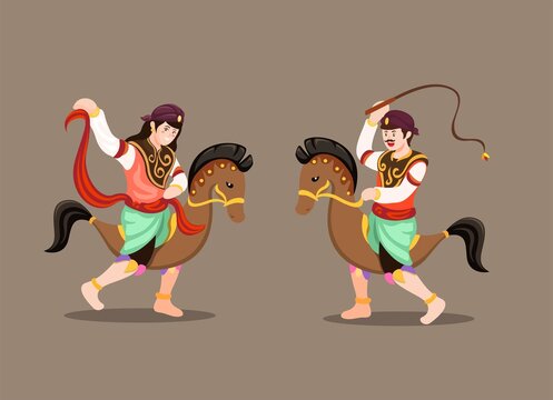 Kuda Lumping Indonesian Traditional Dance Cartoon Illustration Vector