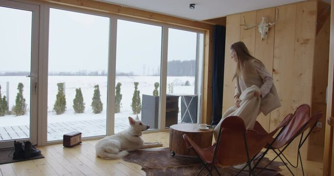 girl gets up from her chair, throws blanket on him, takes mug of tea and goes to the big window in the house, a white shepherd dog looks at the girl, on the wall there is a pattern with deer antlers