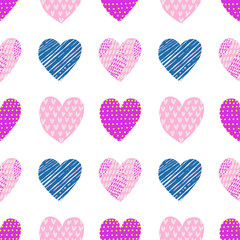 seamless pattern with hearts. St Valentine’s Day or wedding background. Pink and blue prints 