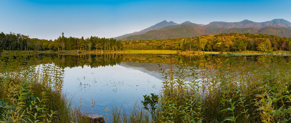Fototapeta na wymiar View on the mountains from Shiretoko Goko Lakes in Hokkaido, Japan