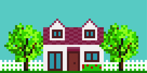 Illustration Of Pixel House with Fence and Garden