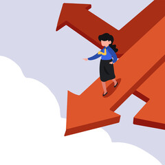 Obraz premium Business flat drawing confident businesswoman running choose way to success path at crossroad arrow. Selecting right direction. Making decisions, advisory, support. Cartoon graphic vector illustration