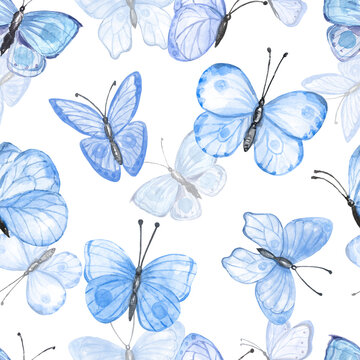 Watercolor seamless pattern with flying butterfly, isolated on white background. Blue butterflies print. Hand painted illustration.