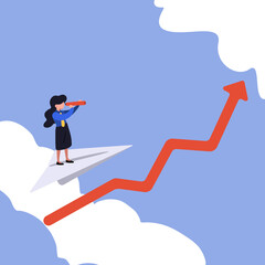 Business concept flat businesswoman standing holding binoculars on paper plane flying up into sky while flying above arrow graph. Business vision. Searching new opportunity. Design vector illustration