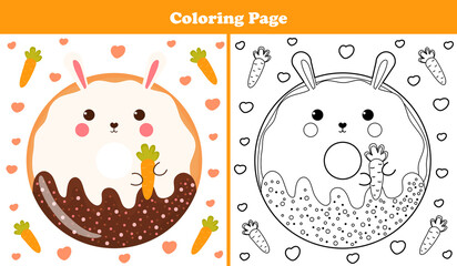 Printable coloring page for kids with sweet bunny or rabbit shape donut with icing and chocolate in cartoon style, game for children books