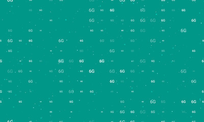 Seamless background pattern of evenly spaced white 6G symbols of different sizes and opacity. Vector illustration on teal background with stars