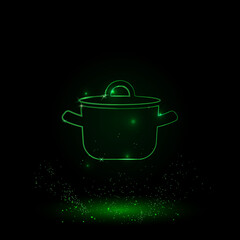 A large green outline pot symbol on the center. Green Neon style. Neon color with shiny stars. Vector illustration on black background