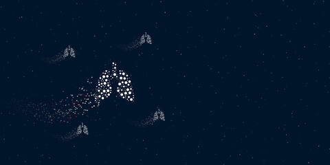 A lungs symbol filled with dots flies through the stars leaving a trail behind. Four small symbols around. Empty space for text on the right. Vector illustration on dark blue background with stars
